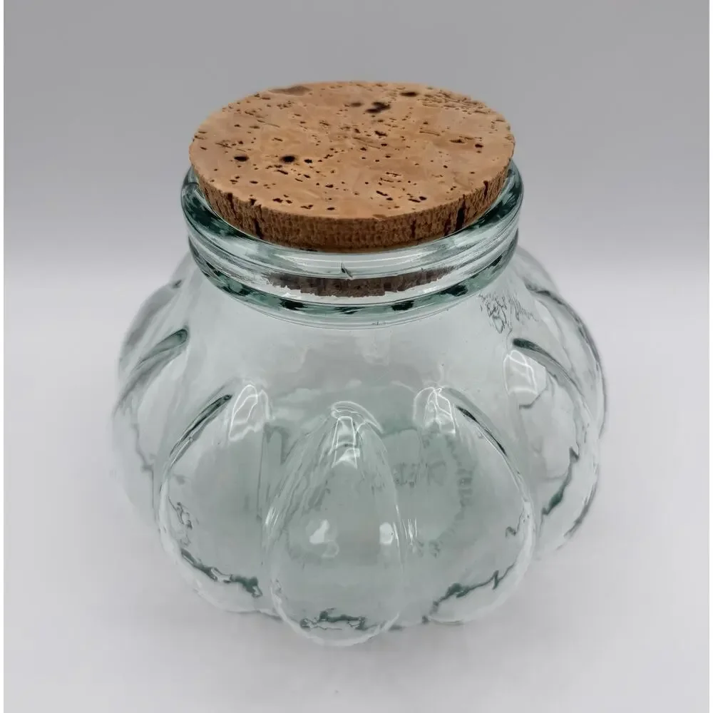 Italian Pumpkin Shaped Green Glass Apothecary Jar Canister 6” Cork Lid Italy